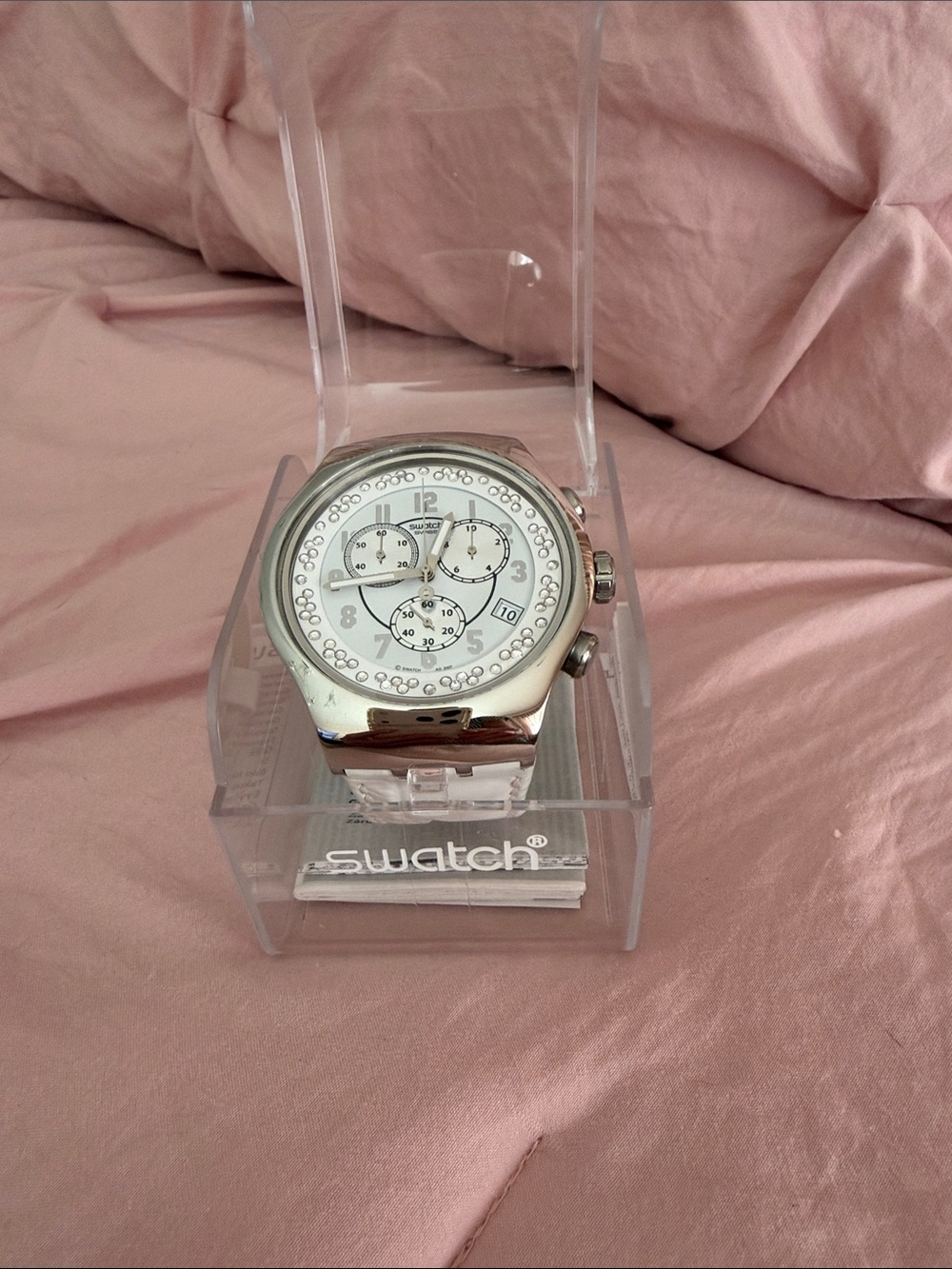 Swatch Silver and White Crystal-Trim Chronograph Watch